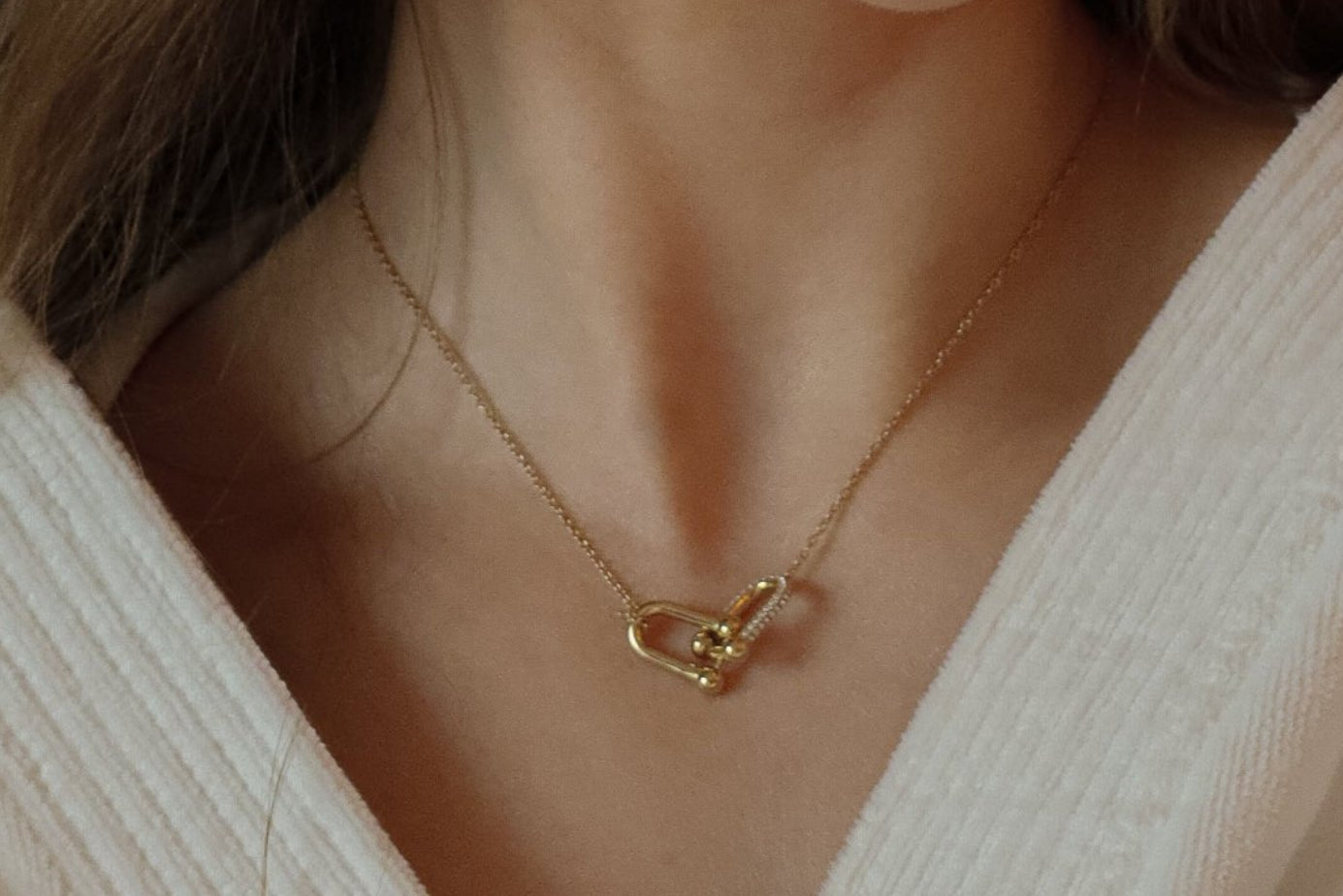 Cou portant un collier doré en acier inoxydable